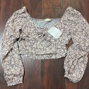 Floral Square-Neck Smocked Crop Top - Taupe/Beige